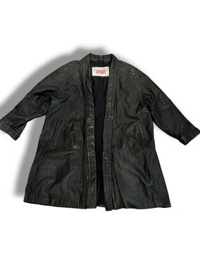 VTG 80s Clout Womens Black Leather Open Front Jacket Sz L Shoulder Pads E-8